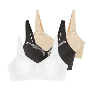 Lot de trois soutiens-gorge sans armatures Cotton confort blanc nude et noir