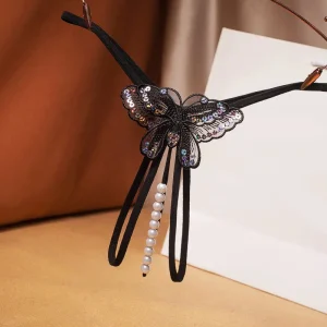 String Papillon brodée de fleur et de perle